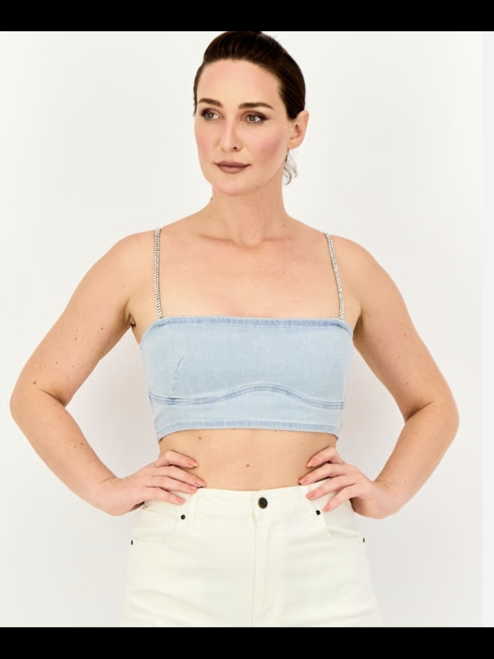 Bershka Light Blue Denim Crop Top with Rhinestone Straps